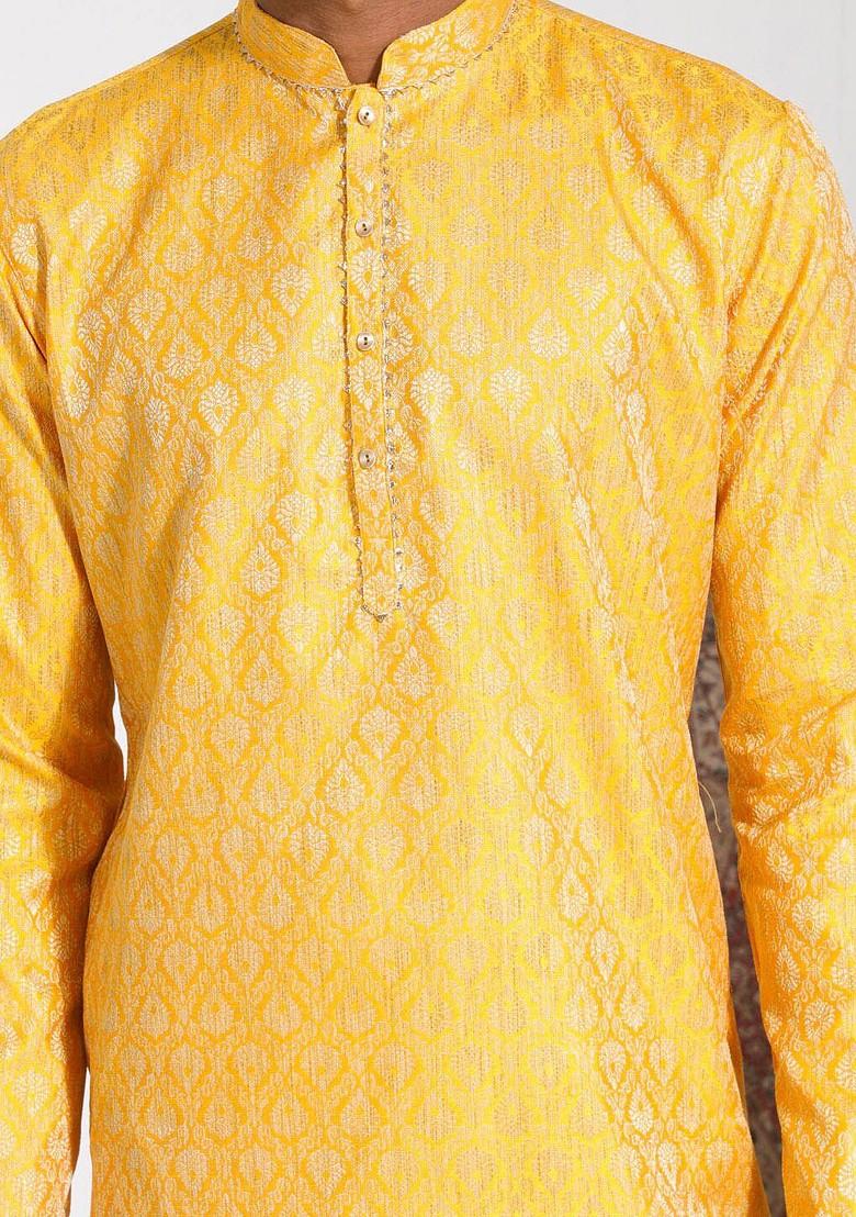 Yellow Solid Cotton Kurta For Men