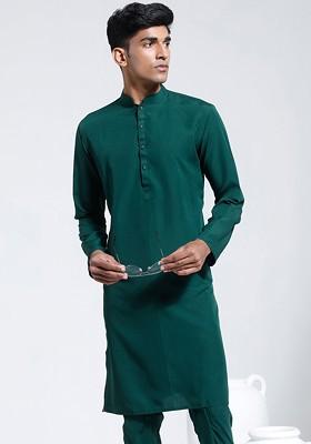 Green Solid Crepe Kurta For Men
