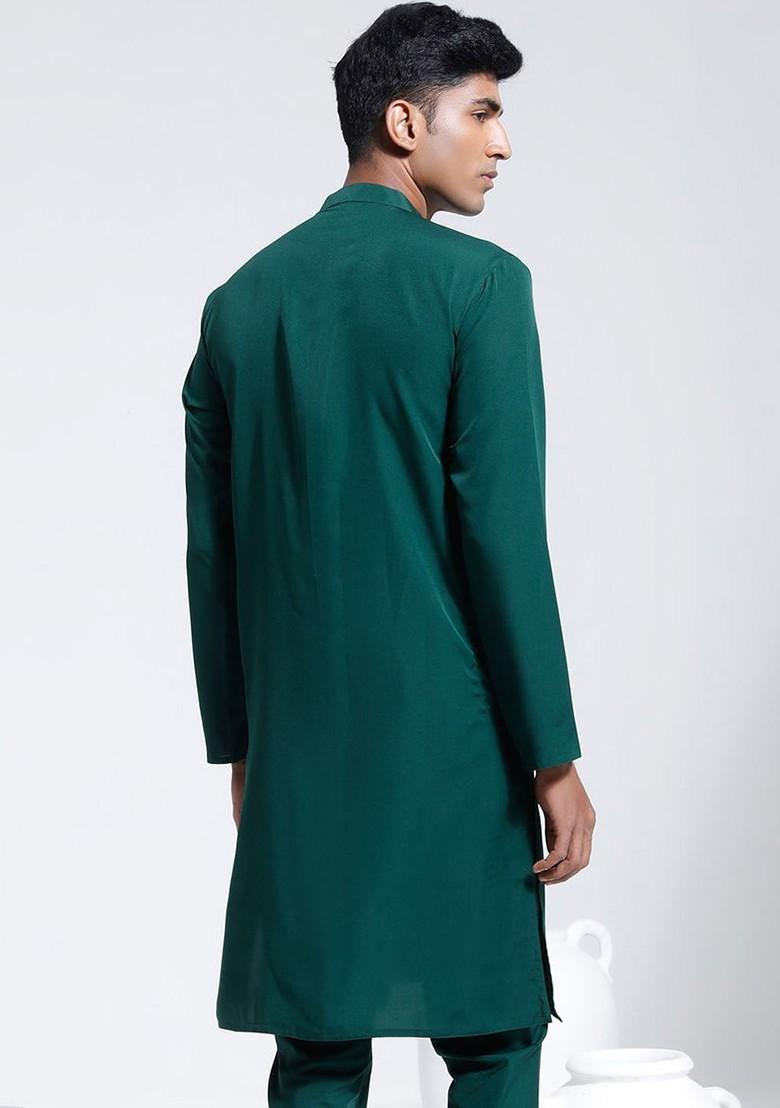 Green Solid Crepe Kurta For Men