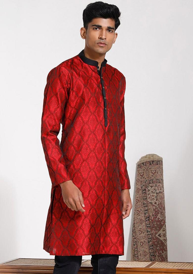 Maroon Printed Jacquard Kurta For Men
