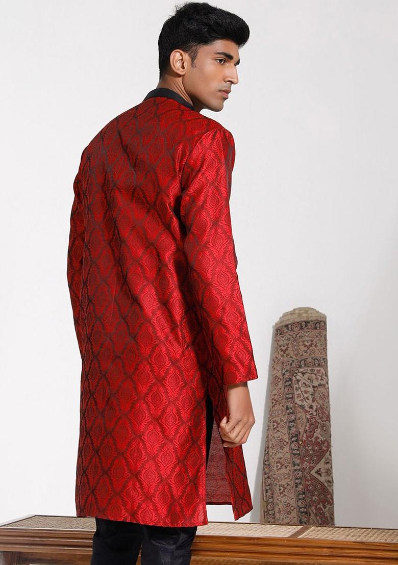 Maroon Printed Jacquard Kurta For Men