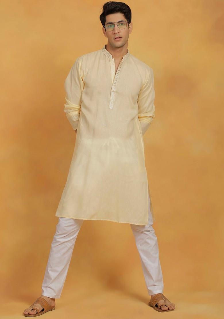 Cream Thread Work Poly Blend Kurta For Men