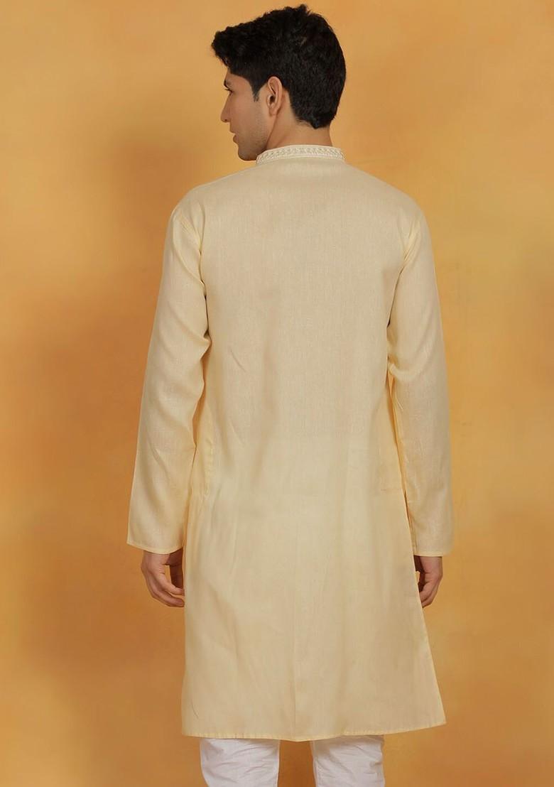 Cream Thread Work Poly Blend Kurta For Men