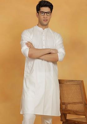 Off White Solid Silk Kurta For Men