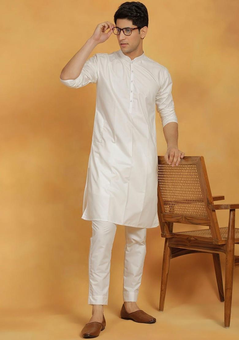 Off White Solid Silk Kurta For Men