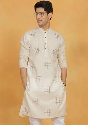 Cream Embroidered Poly Blend Kurta For Men