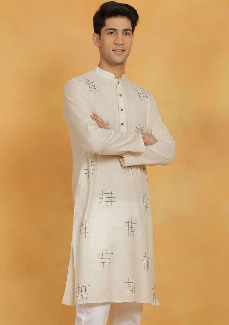 Cream Embroidered Poly Blend Kurta For Men