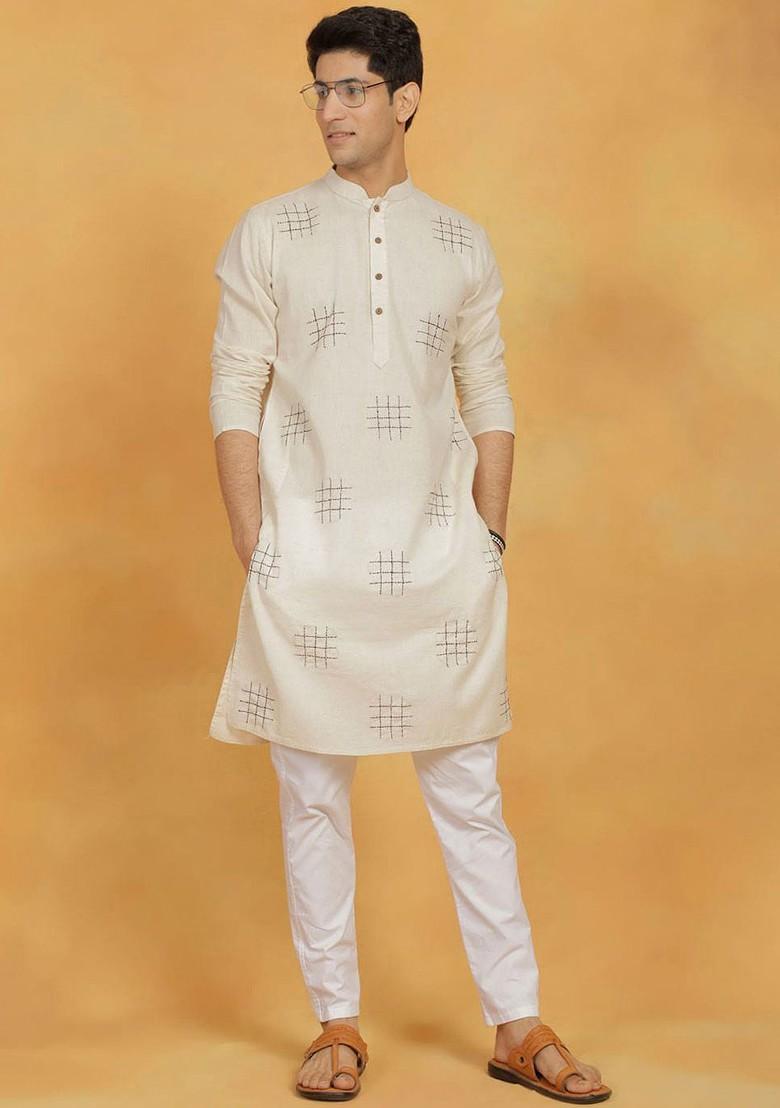 Cream Embroidered Poly Blend Kurta For Men