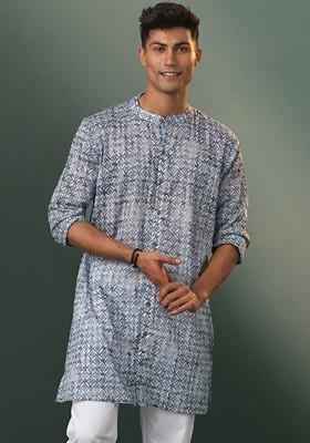 Blue Ethnic Motifs Poly Blend Kurta For Men