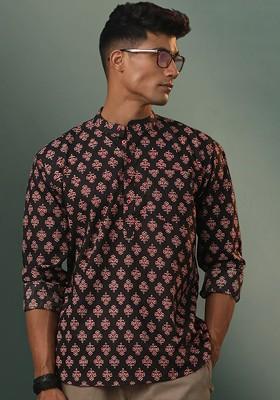 Black Ethnic Motifs Poly Blend Kurta For Men
