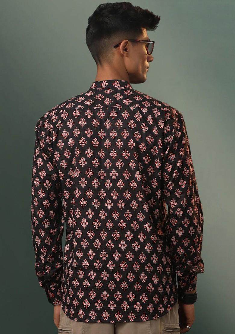 Black Ethnic Motifs Poly Blend Kurta For Men