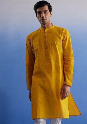 Mustard Solid Cotton Kurta For Men