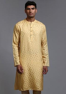Yellow Floral Print Poly Blend Kurta For Men