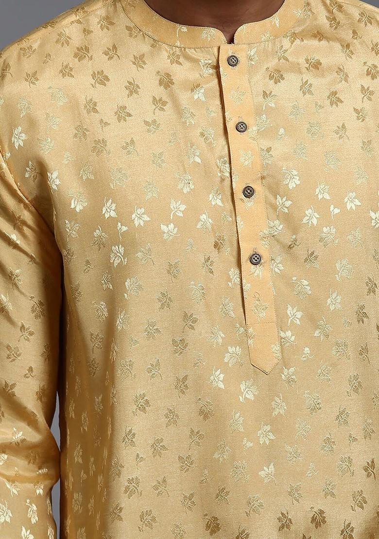 Yellow Floral Print Poly Blend Kurta For Men