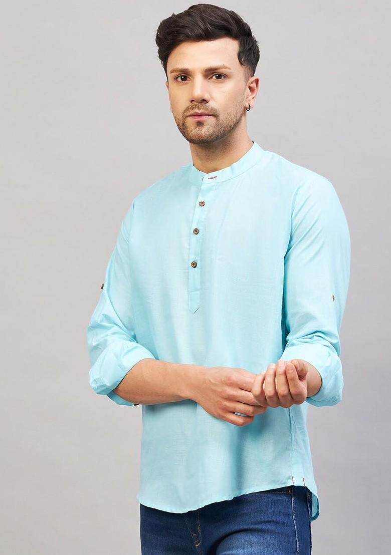Blue Solid Cotton Kurta For Men
