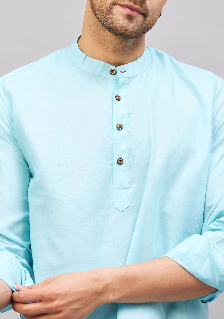 Blue Solid Cotton Kurta For Men
