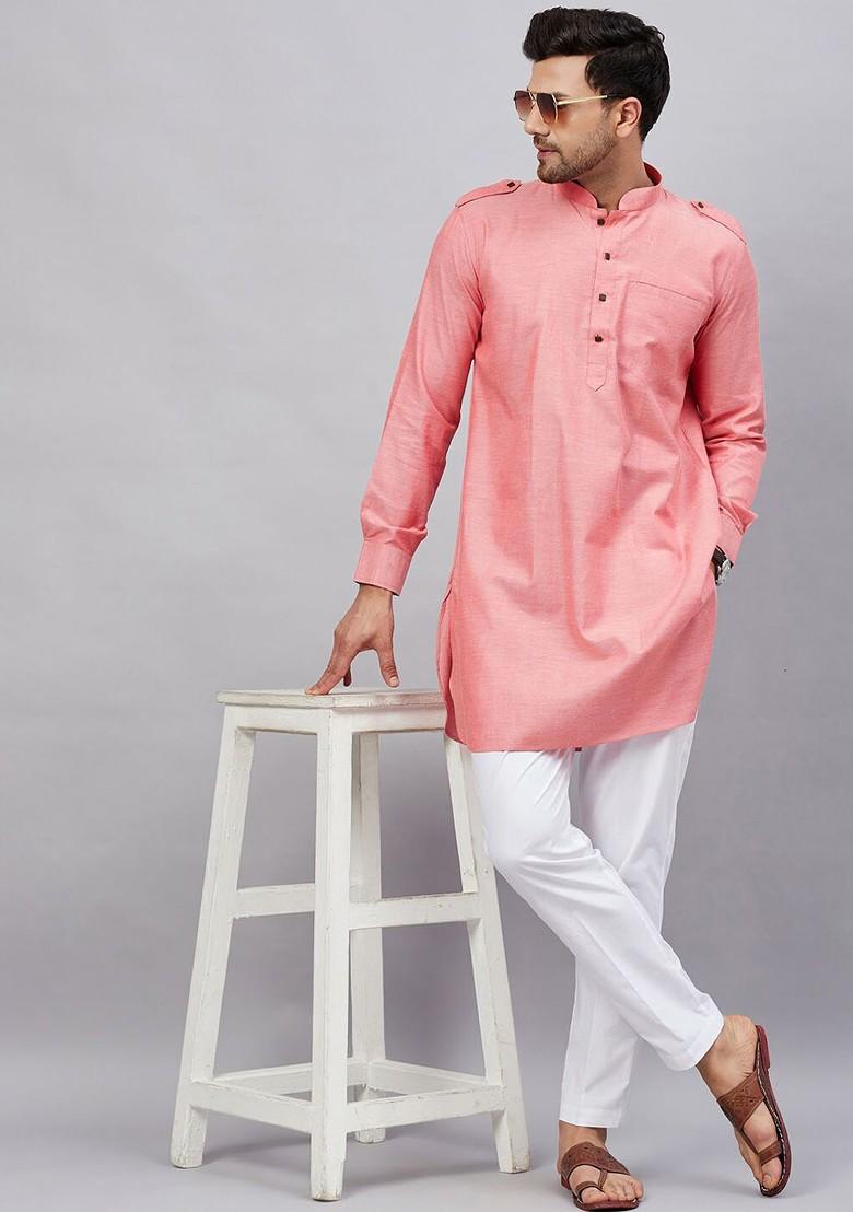 Pink Woven Cotton Kurta For Men