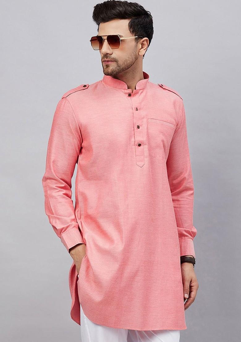 Pink Woven Cotton Kurta For Men