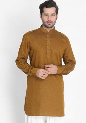Coffee Brown Woven Cotton Kurta For Men