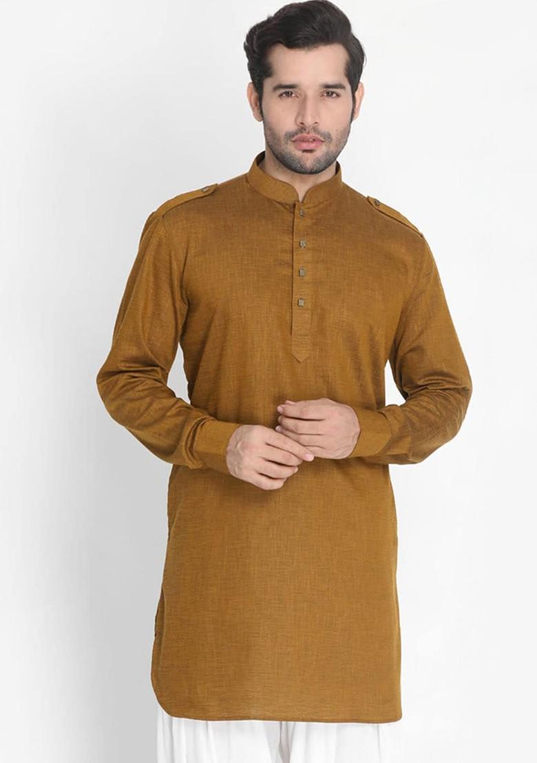 Coffee Brown Woven Cotton Kurta For Men
