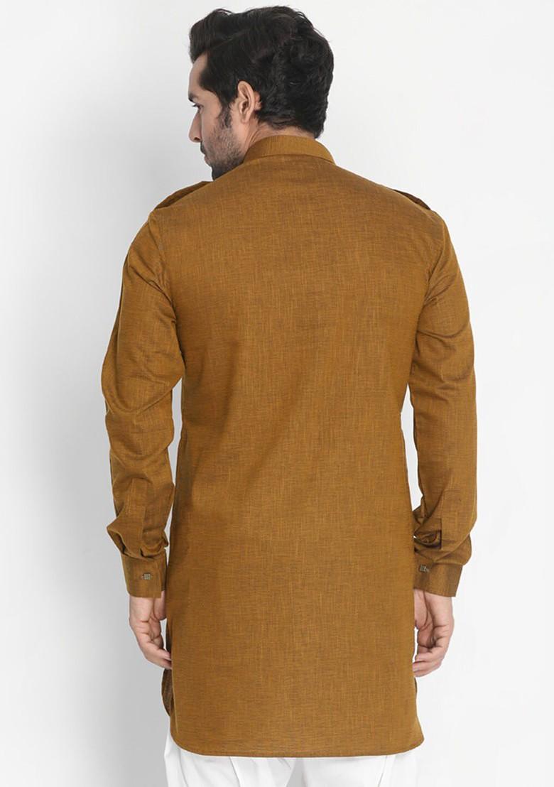 Coffee Brown Woven Cotton Kurta For Men