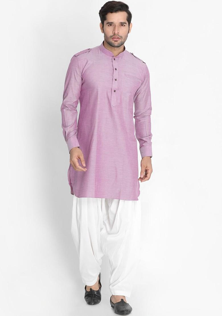 Purple Woven Cotton Kurta For Men