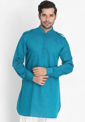 Blue Woven Cotton Kurta For Men
