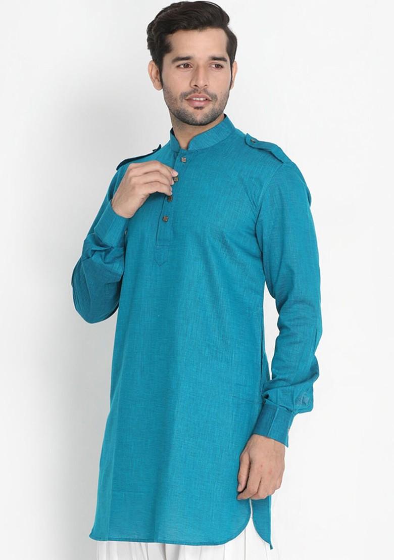 Blue Woven Cotton Kurta For Men