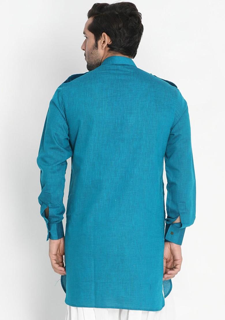 Blue Woven Cotton Kurta For Men