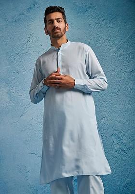 Blue Solid Poly Blend Kurta For Men