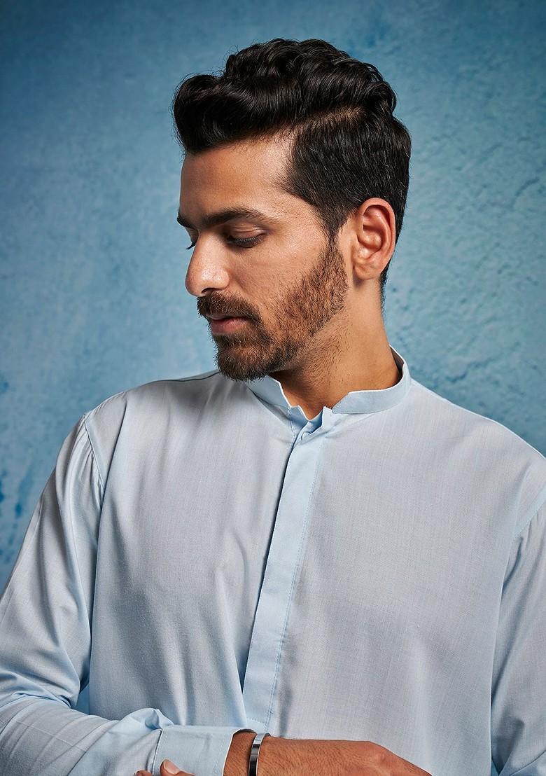Blue Solid Poly Blend Kurta For Men