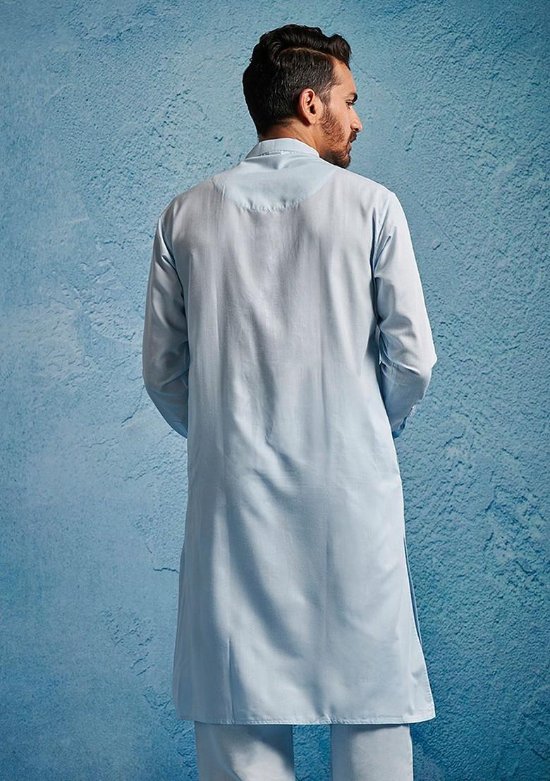 Blue Solid Poly Blend Kurta For Men