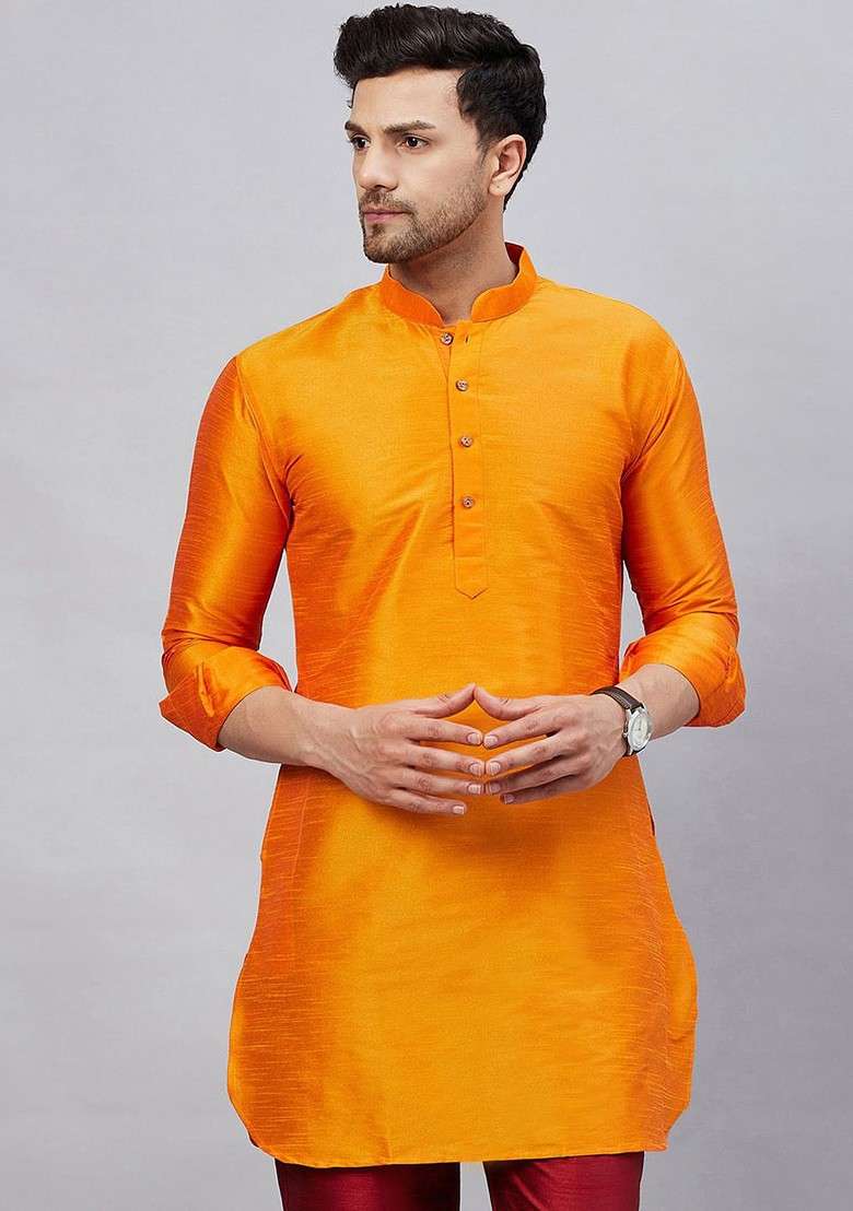 Orange Solid Poly Blend Kurta For Men - Indya