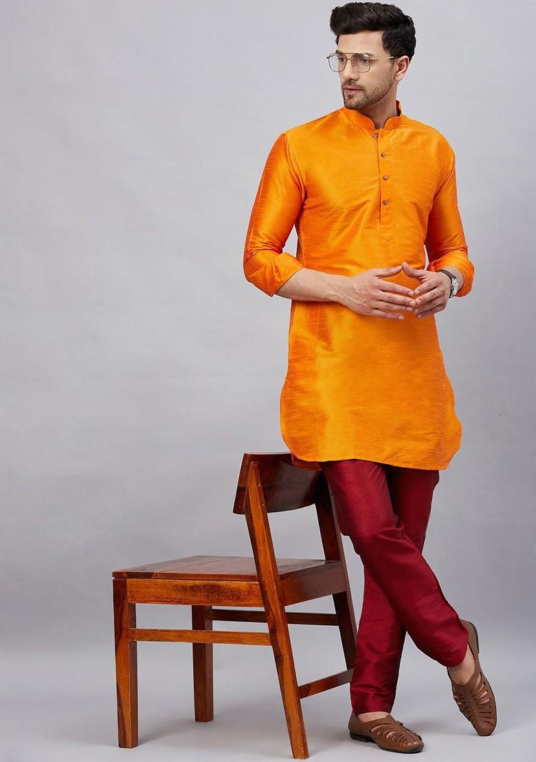 Orange Solid Poly Blend Kurta For Men