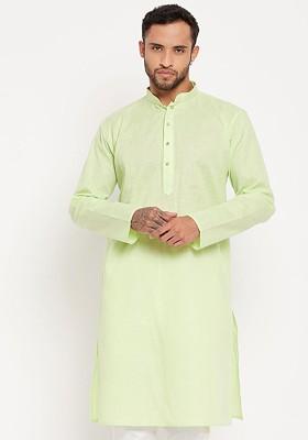 Lime Green Solid Poly Blend Kurta For Men
