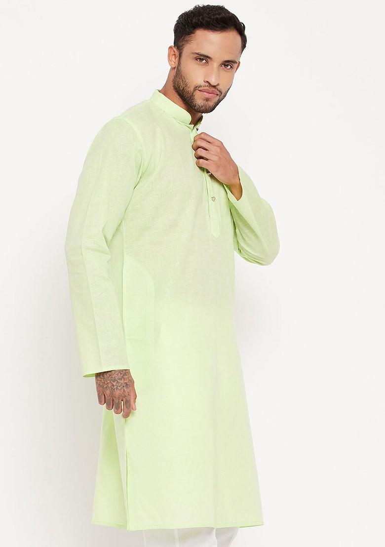 Lime Green Solid Poly Blend Kurta For Men