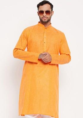 Orange Solid Cotton Kurta For Men
