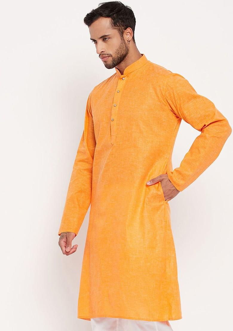 Orange Solid Cotton Kurta For Men