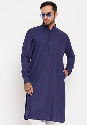 Blue Solid Poly Blend Kurta For Men