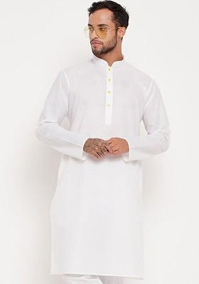 White Solid Cotton Kurta For Men
