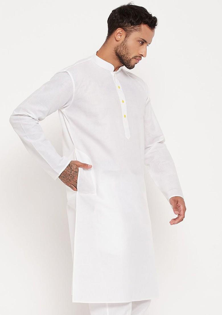 White Solid Cotton Kurta For Men