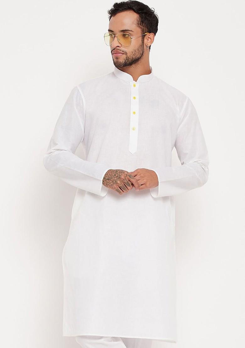 White Solid Cotton Kurta For Men