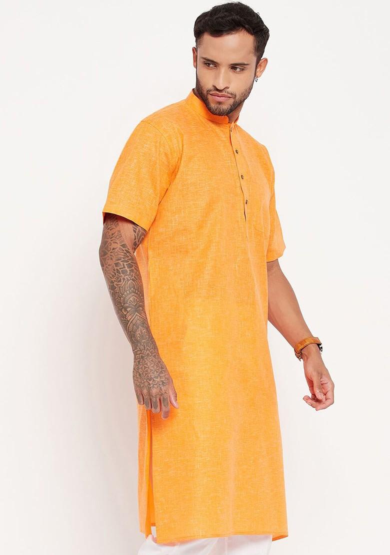 Orange Solid Poly Blend Kurta For Men