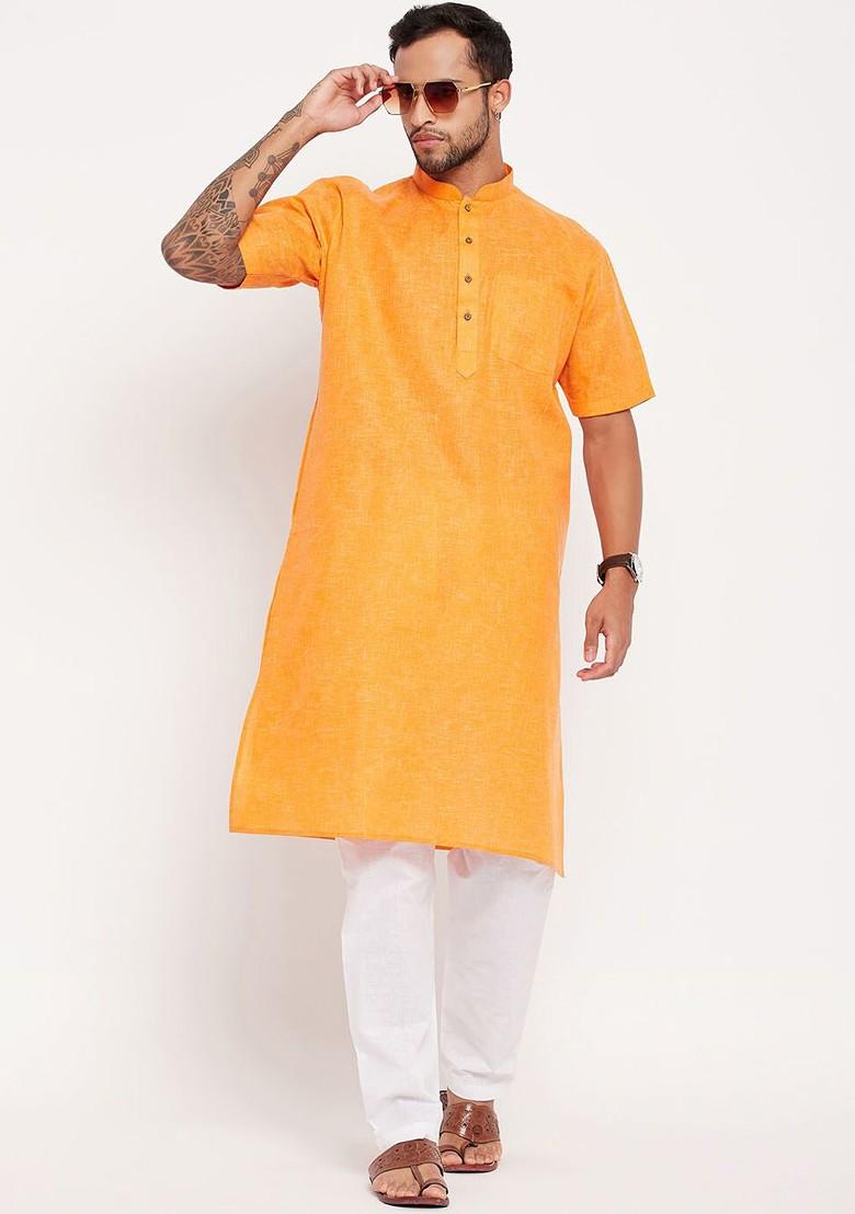 Orange Solid Poly Blend Kurta For Men