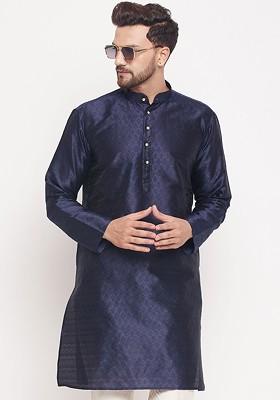 Navy Blue Woven Jacquard Kurta For Men