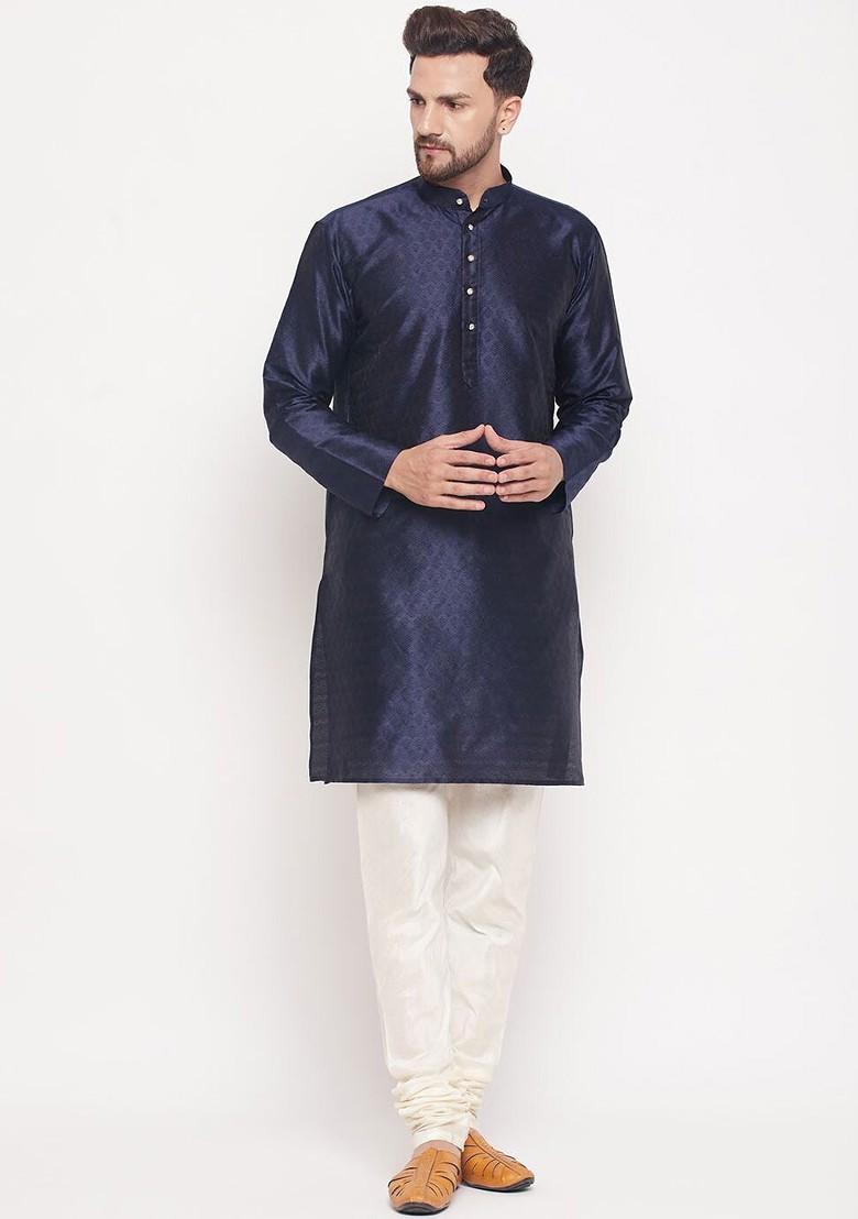 Navy Blue Woven Jacquard Kurta For Men