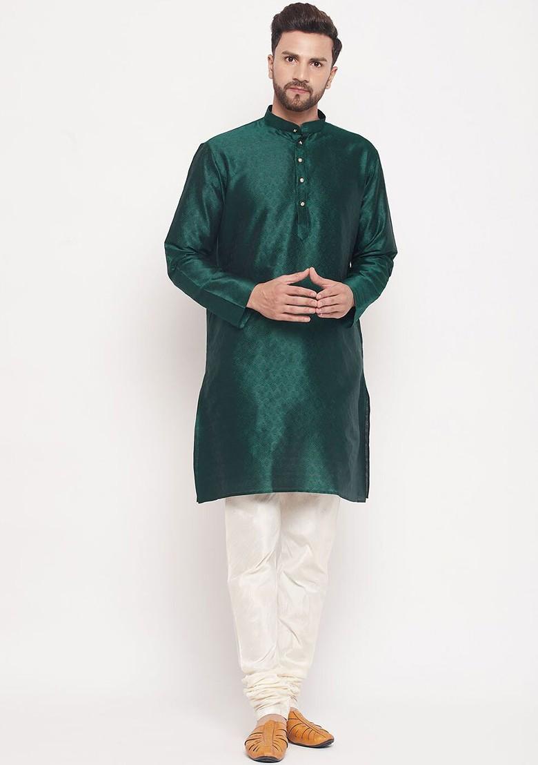 Green Woven Jacquard Kurta For Men
