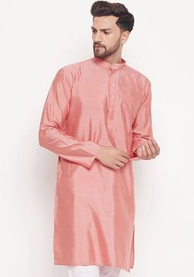 Pink Woven Jacquard Kurta For Men