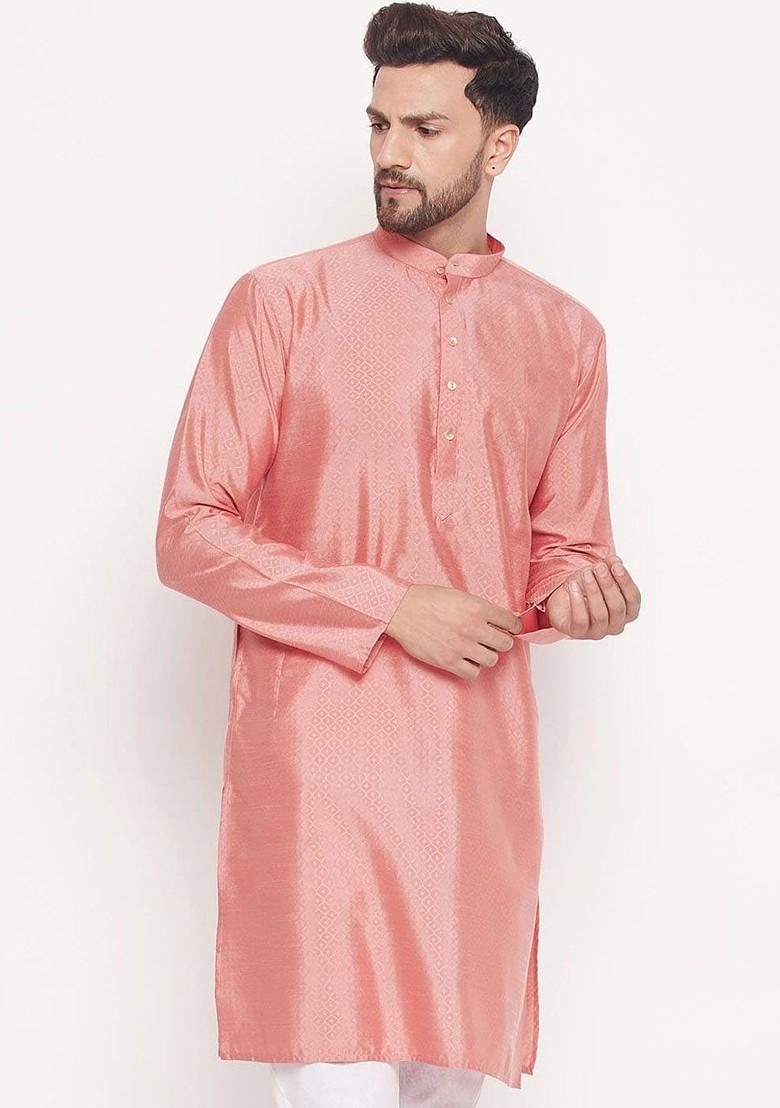 Pink Woven Jacquard Kurta For Men