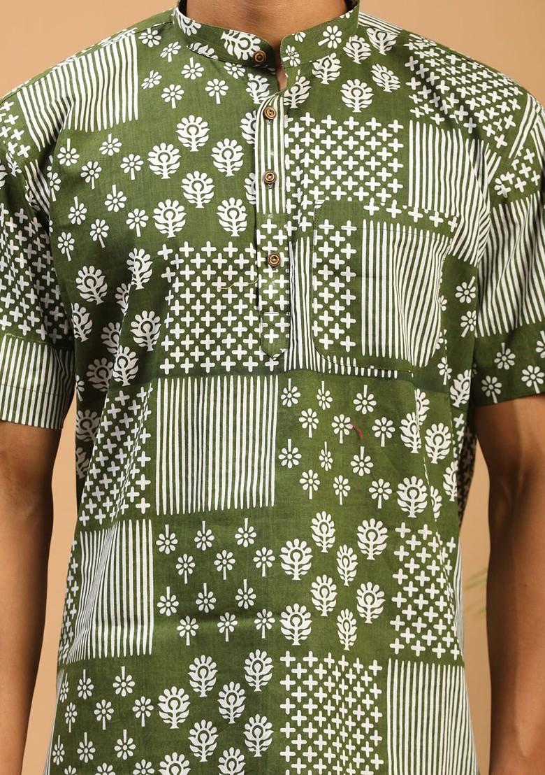 Green Ethnic Motifs Poly Blend Kurta For Men
